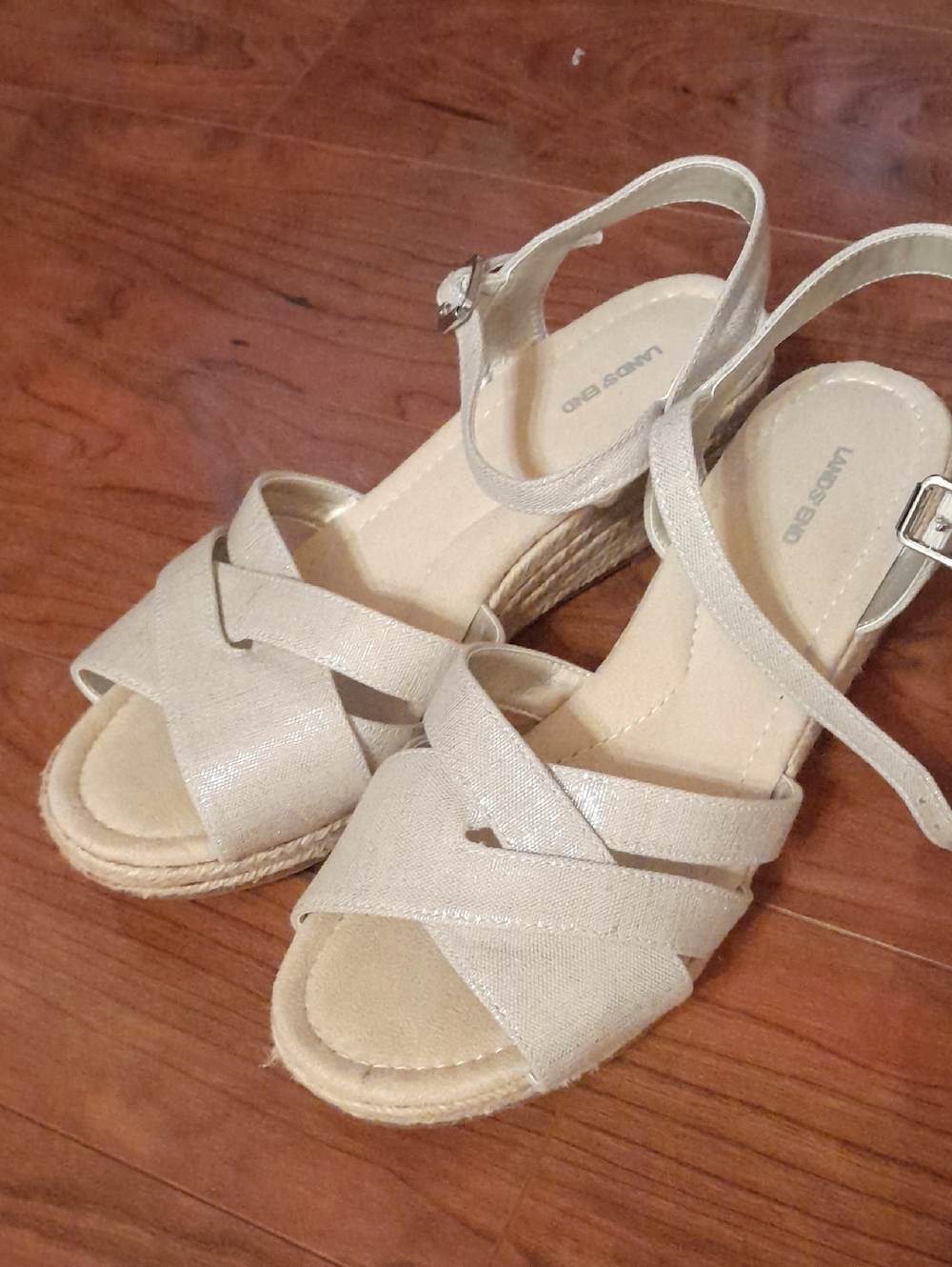 Land's End Beige Shimmer Espadrille Wedge Sandals Sz 9.5D